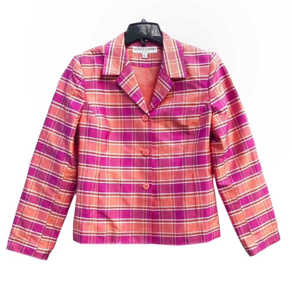 Kasper Shantung 100% Silk Plaid Shimmer Checkered Blazer Button Up Jacket EUC 8